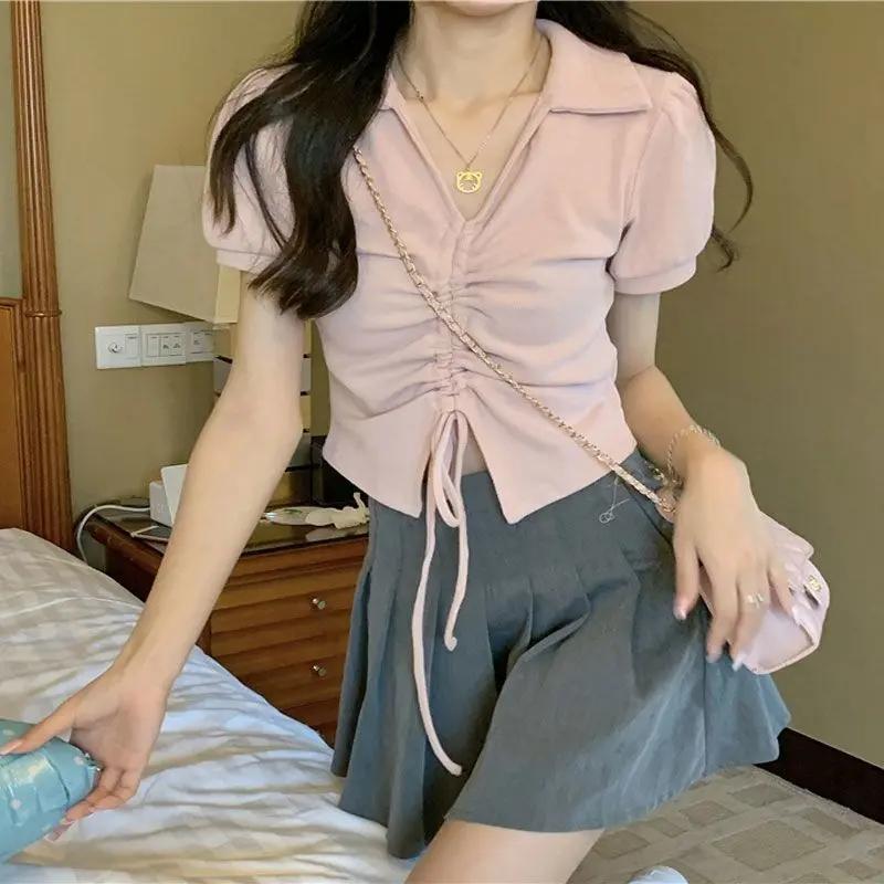 [เก็บเงินปลายDทาง] เสื้อโปโลสไตล์เกาหลีทันสมัย ​​เอวปรับได้ด้วยเชือกผูก สไตล์อเมริกัน