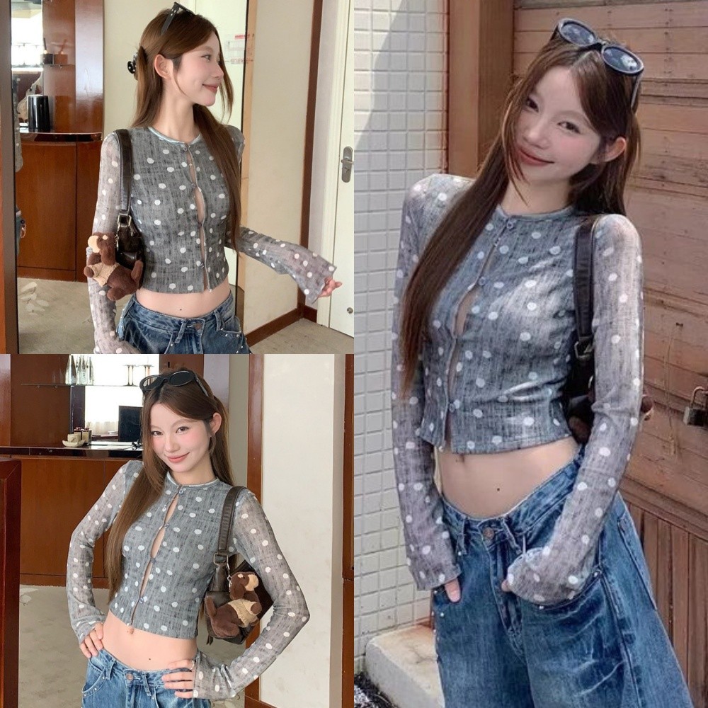 🥭Evelyn🥭เสื้อแขนยาว ลายจุดสีเทา ผ้านิ่ม เข้ารูป เสื้อผู้หญิง แฟชั่น สไตล์เกาหลี อเนกประสงค์ พร้อมส่ง