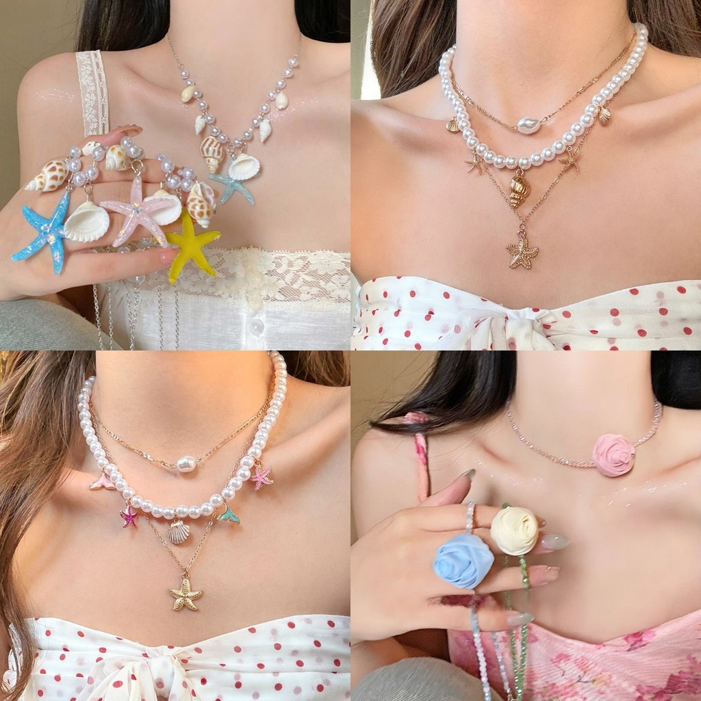 สร้อยคอสำหรับผู้หญิง  ดอกไม้  ไข่มุก  สไตล์ญี่ปุ่น  สดใสและเรียบง่าย  ช่วยให้ผิวสว่างใสและเรียบเนียน  แฟชั่นฤดูร้อน