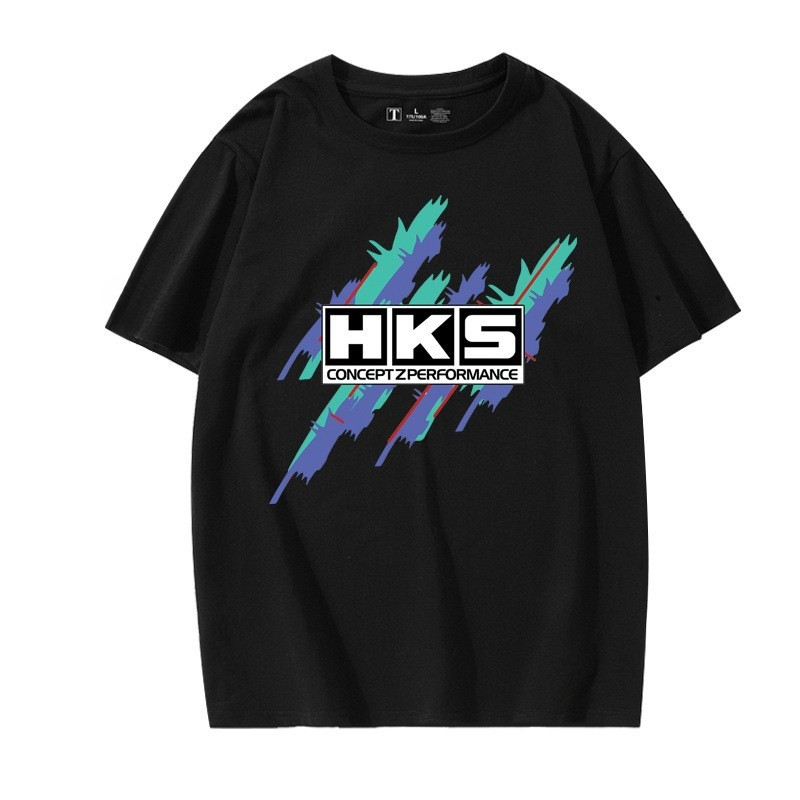 เสื้อยืดสีดำ สไตล์ STREET STYLE FASHION จากญี่ปุ่น สำหรับคนชอบculturedรถ HKS ทรงหลวมแขนสั้น เสื้อยืด