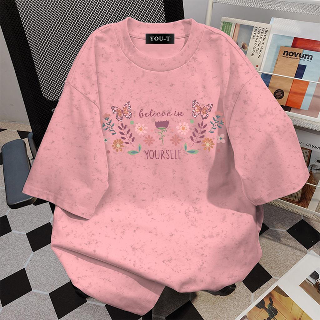 TeeTwoOne เสื้อแฟชั่น เสื้อยืด oversize สีสดใส ผ้าCotton 100% สวมใส่สบาย 'YOURSELF Flower' เสื้อลายดอก【COD】