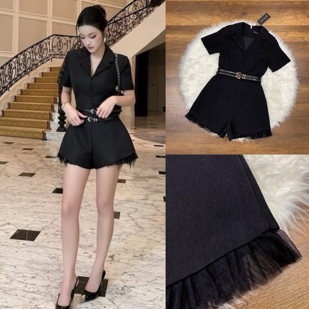 พร้อมส่ง XS-XL⚡️RM 9095 ชุดเซต จั้มสูทขาสั้นสีดำ ดีเทลคอปก สวยหรูโดดเด่น **สไตล์สาวเวียด2026