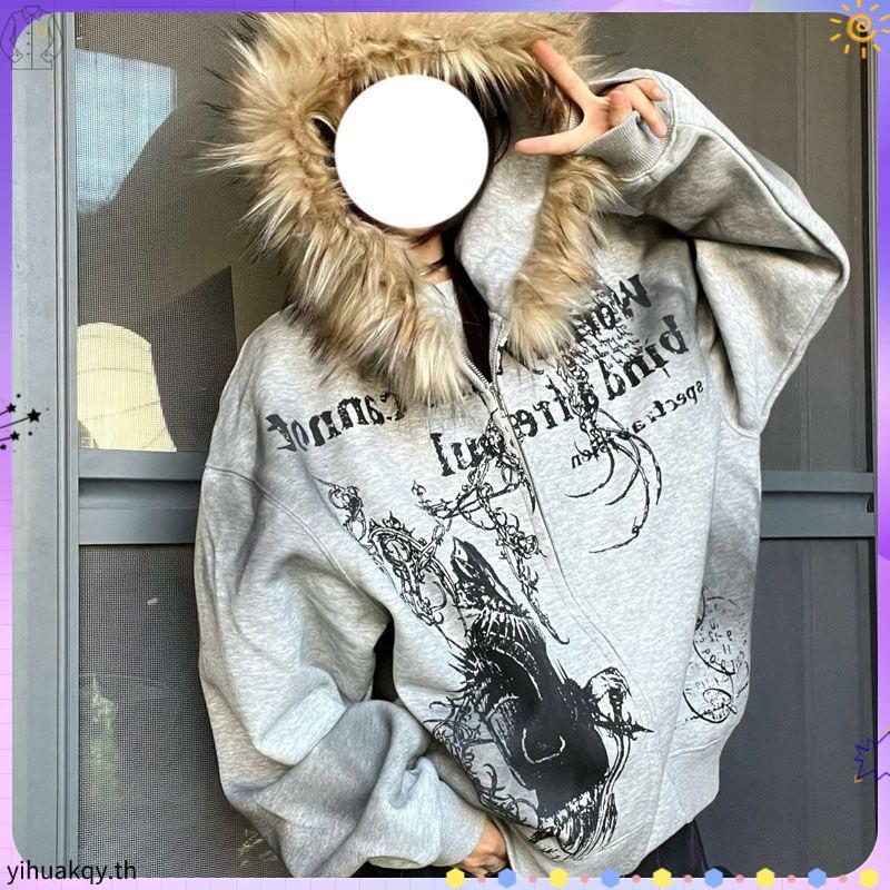 American Retro Y2k Millennium Fur Collar Zipper Hooded Jacket สําหรับผู้หญิง Dark Street Jacket