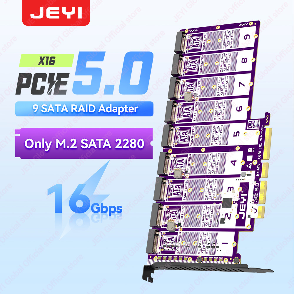 JEYI 9-Bay PCIe 5.0 ถึง X16 M.2 SATA Adapter 16Gbps รองรับ 2280 SATA SSD (B + M-key) รองรับ PCIe X4/