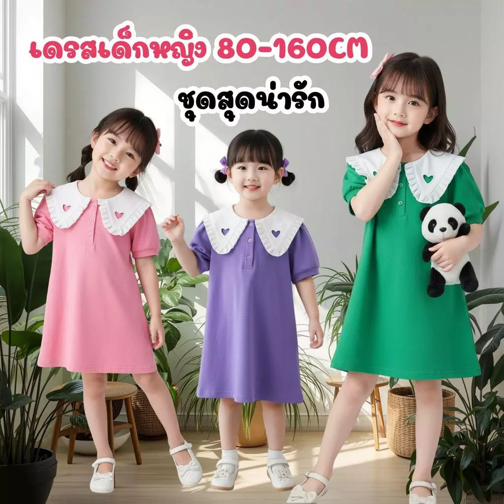 MooDeng Baby ชุดกระโปรงสุดน่ารัก เดรส เด็กผู้หญิงแขนสั้น เนื้อผ้าดี สีสวยๆ ผ้าระบายอากาศได้เป็นอย่างดี คอปกหัวใจ