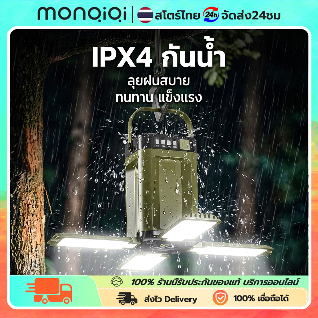 ไฟแคมป์ปิ้ง 20000mAh ไฟโซล่าเซลล์ ชาร์จ Type-C พาวเวอร์แบงค์ในตัว ไฟเต็นท์ พับได้ กันน้ำ IPX4 สว่างมาก สำหรับเดินป่า