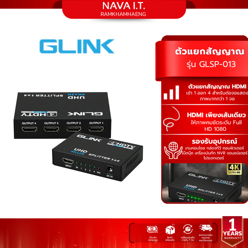 GLINK GLSP-013 4K HDMI SPLITTER GLINK 1:4 PORT FULLHD 1080P รับประกัน 1ปี