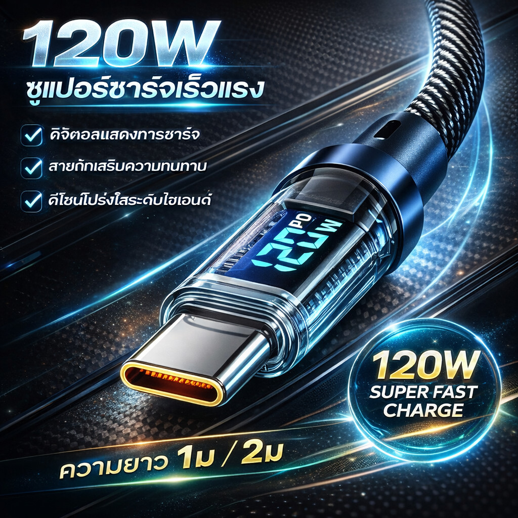 สายชาร์จเร็ว 120W สายถักมีจอ LED บอกวัตต์ ดีไซน์โปร่งใส ชาร์จไว Type-C / IOS 1m 2m