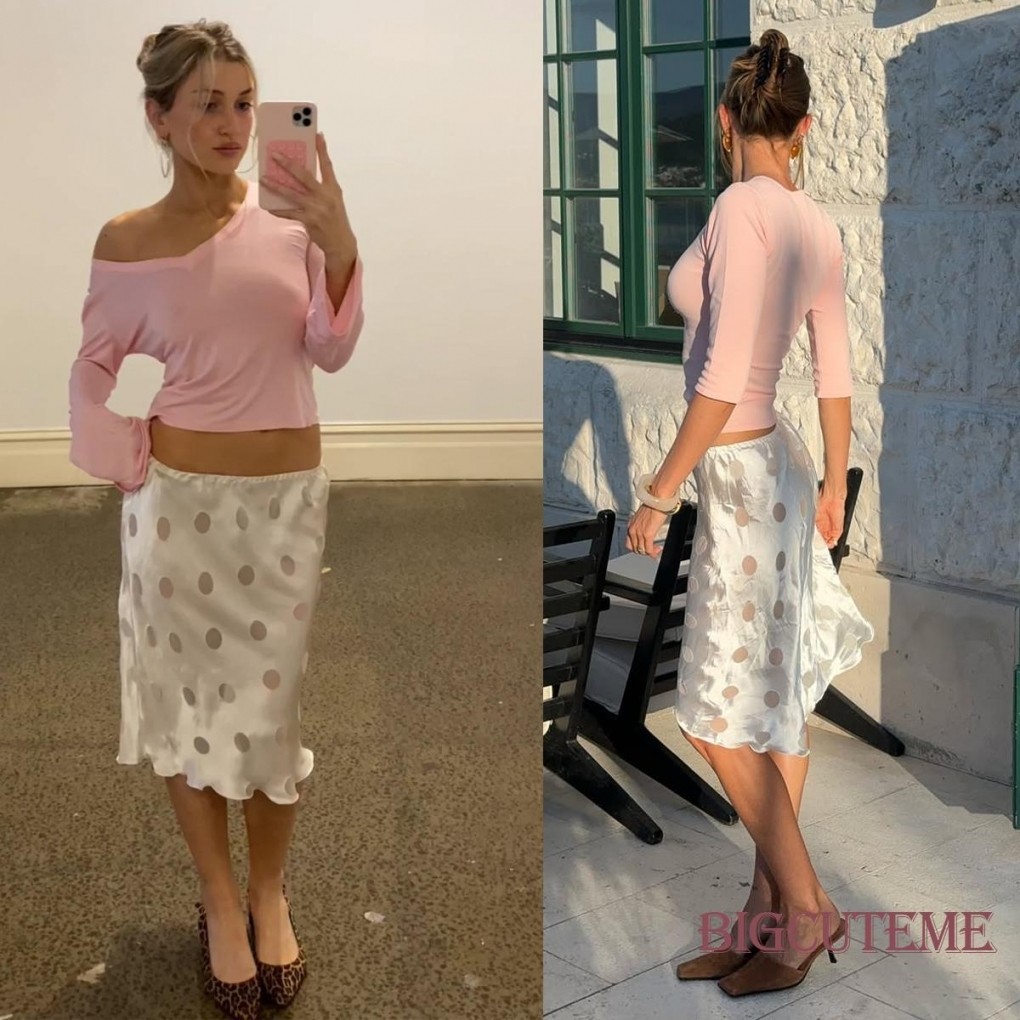 กระโปรง midi สไตล์ polka dot สำหรับผู้หญิงฤดูร้อน เนื้อผ้าไหมซาตินคลาสสิก มีเอวยางยืดและชายกระโปรงระบาย พร้อมสไตล์ streetwear