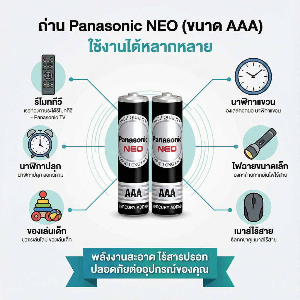 Panasonic NEO ถ่าน AAA (2 ก้อน) พานาโซนิค นีโอ สีดำ ของแท้ 100% สำหรับรีโมทแอร์ ทีวีนาฬิกาของเล่นพลังงานสะอาด ไร้สารปรอท
