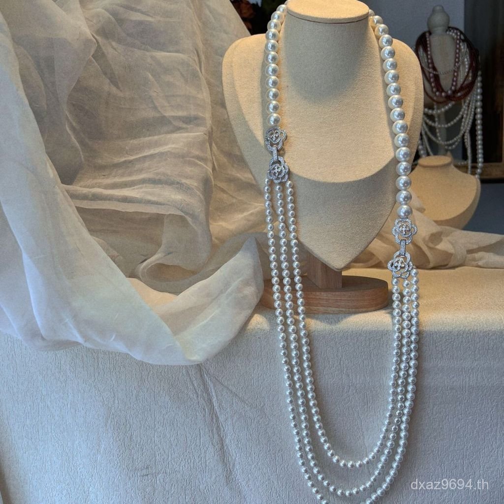 สร้อยคอยาวสองชั้นแบบถอดได้ ลูกปัดหลากหลายขนาด เหมาะสำหรับสวมใส่ในฤดูหนาว ตกแต่งด้วยมุกเทียม F3KC