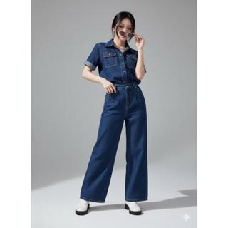 ชุดเซ็ตยีนส์เสื้อแขนสั้น + กางเกงขากระบอกเอวสูง ผ้ายีนส์ ยีน…