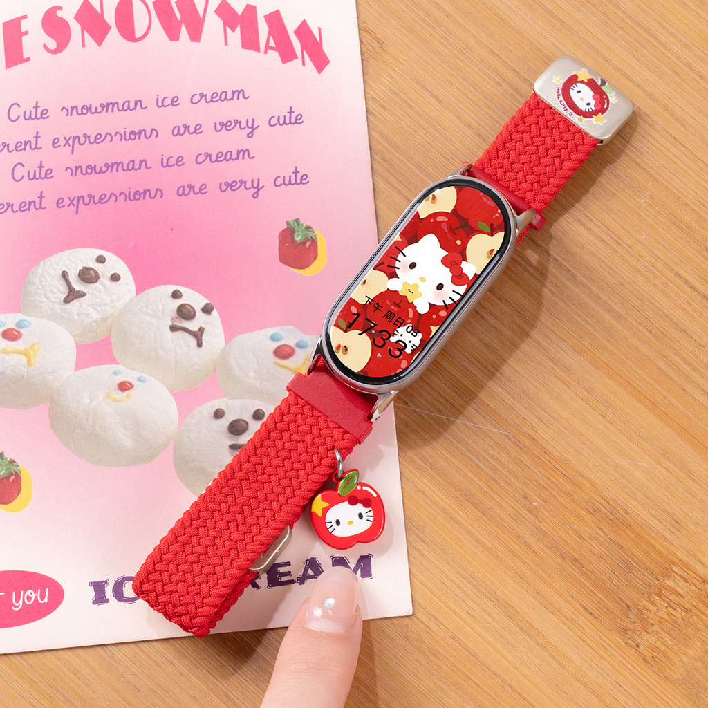 แมวน่ารักตกแต่งห่วงไนลอนสายรัดแม่เหล็กสําหรับ Xiaomi Mi Band 10/9/8 NFC Smartwatch Band สายรัดข้อมือสําหรับ Xiaomi Smart Band 10 9 8 อุปกรณ์เสริม