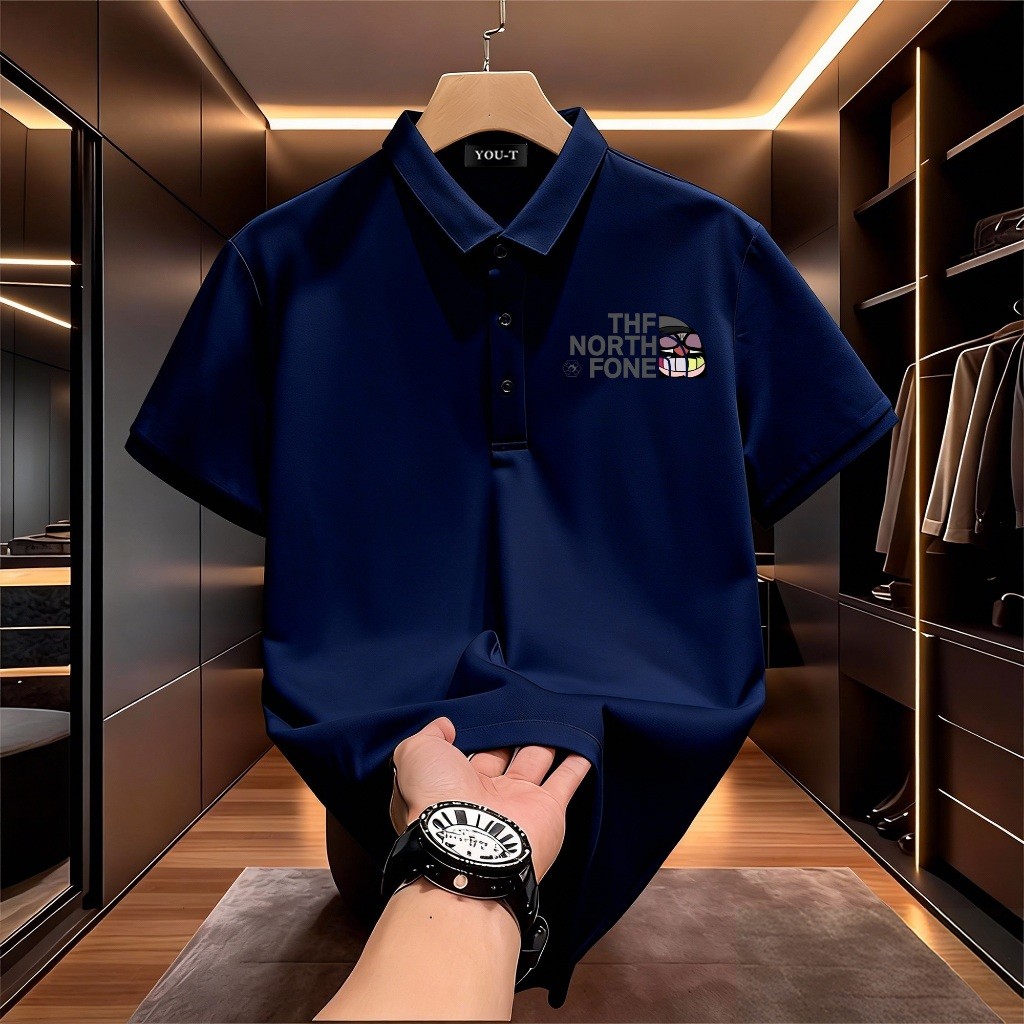 UT shop เสื้อโปโลผู้ชาย แขนสั้นคอปก นุ่ม และระบายอากาศ ไม่หดตัวลาย ผ้า ลำลอง แบบหลวม ‘THF NORTH FONE