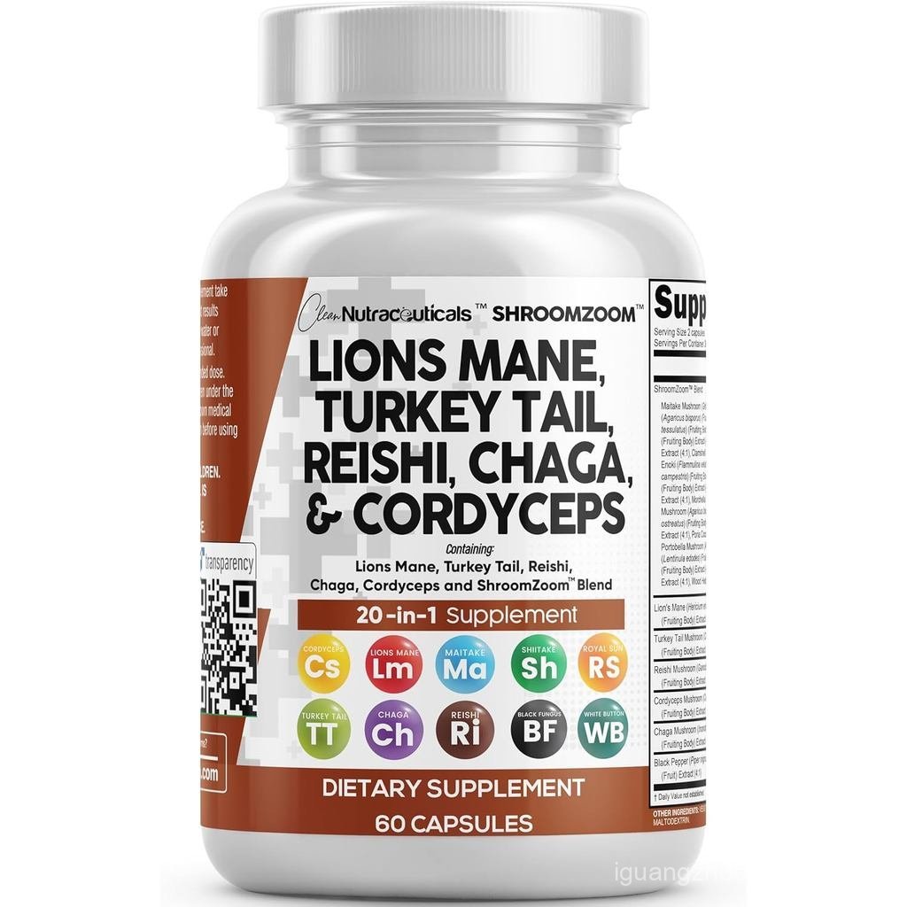 Clean Nutraceuticals Lions Mane 20in1 Mushroom with Turkey Tail Reishi Cordyceps Chaga Maitake Meshi
