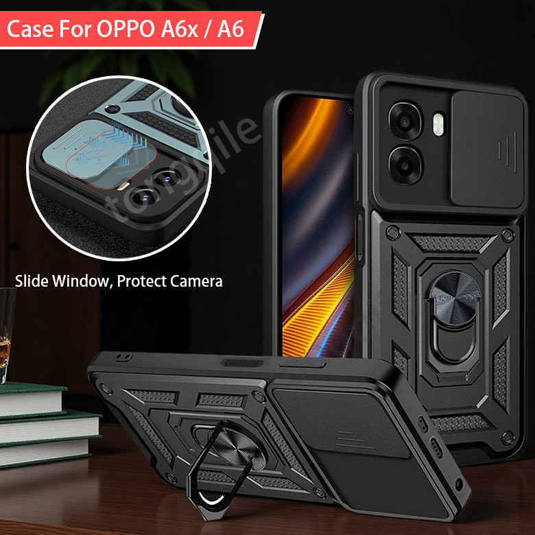 สําหรับ OPPO A6x A6t Pro A6 4G 5G 2025 เคสโทรศัพท์ฝาหลังกันชนกันกระแทกแหวนรถขาตั้งวงเล็บสไลด์หน้าต่างกล้องป้องกันขอบนุ่ม Hard PC