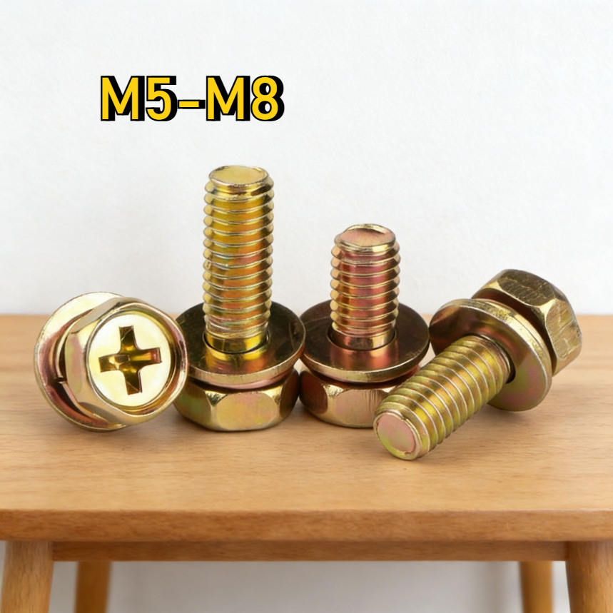[YMH-G1] น็อต หกเหลี่ยม แฉก ติดแหวนสปริง /น็อต สกรู หัวหกเหลี่ยม แฉก สวมแหวน อีแปะ+สปริง สังกะสีสี เกลียวมิล หยาบ M5M6M8