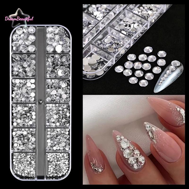 <DBFl-t> 12 กริดวงกลมด้านล่างแบนเล็บผสม Rhinestone AB พร้อมเจาะปากกาประกายที่มีสีสันเครื่องประดับเล็บ Charm ใหม่
