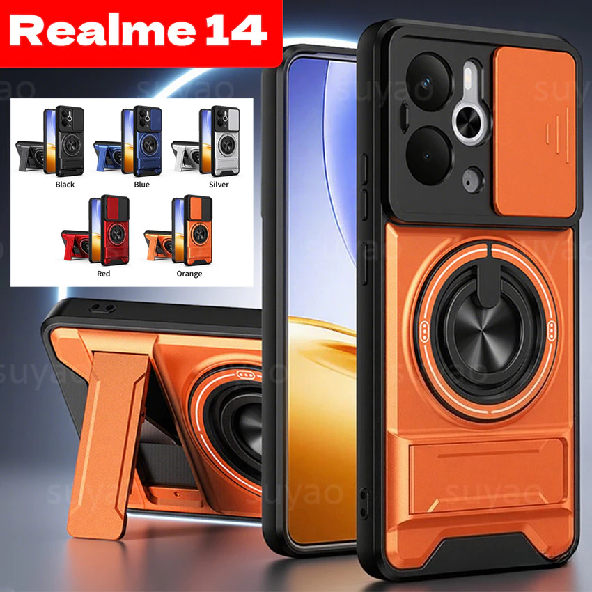 สําหรับRealme 14 14T 15 15T Pro Plus C85 2025 เคสโทรศัพท์กล้องเลนส์เลื่อนผู้ถือหน้าต่างปลอกRealme14 Realme14T Realme15Pro Realme15Tแหวนวงเล็บคู่กันกระแทกปกหลัง