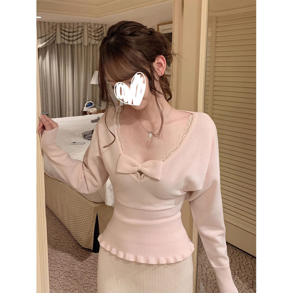 ผู้หญิงฝรั่งเศสถักBottomingเสื้อแขนยาวSlim-fit Slimmerดูแคบ-เอวVคอฤดูใบไม้ร่วงฤดูหนาวเชื้อราขอบสไตล์