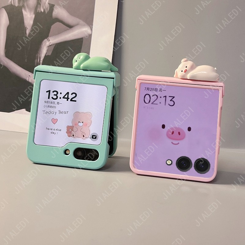 หมีน่ารักหูบานพับเคสโทรศัพท์สําหรับ Samsung Galaxy Z Flip 7 6 5 4 3 flip6 zflip7 FE ฝาครอบ