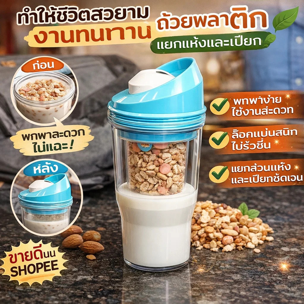 ถ้วยซีเรียลพลาสติกแบบพกพา/ถ้วยแยกเปียก/ถ้วยข้าวโอ๊ต/ปิกนิก/ถ้วยสำหรับออกกำลังกาย/ถ้วยซีเรียลอเนกประสงค์ความจุขนาดใหญ่