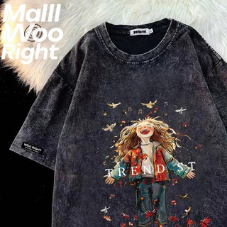 （จัดส่งตลอด 24 ชั่วโมง）HY เสื้อยืดฟอก oversize ผ้าฝ้าย100% โอเวอร์ไซซ์ สีดําเข้ม เรโทร เสื้อฟอกวินเทจ#T1678