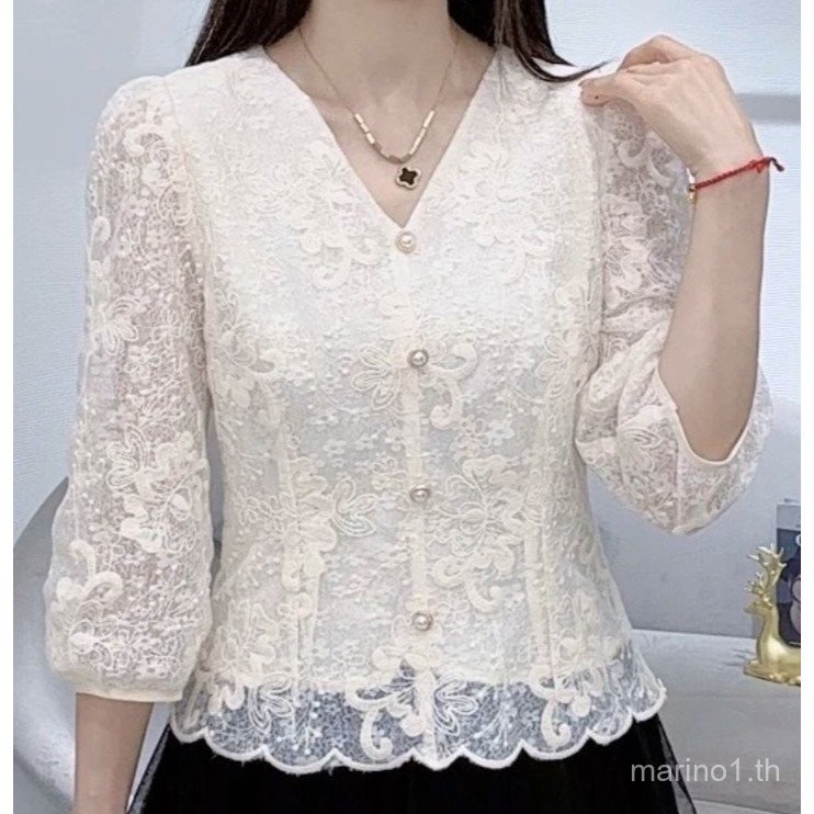 เสื้อลูกไม้ 3/4 แขนสำหรับผู้หญิง งานปักสง่างามแบบสแลมฟิต
