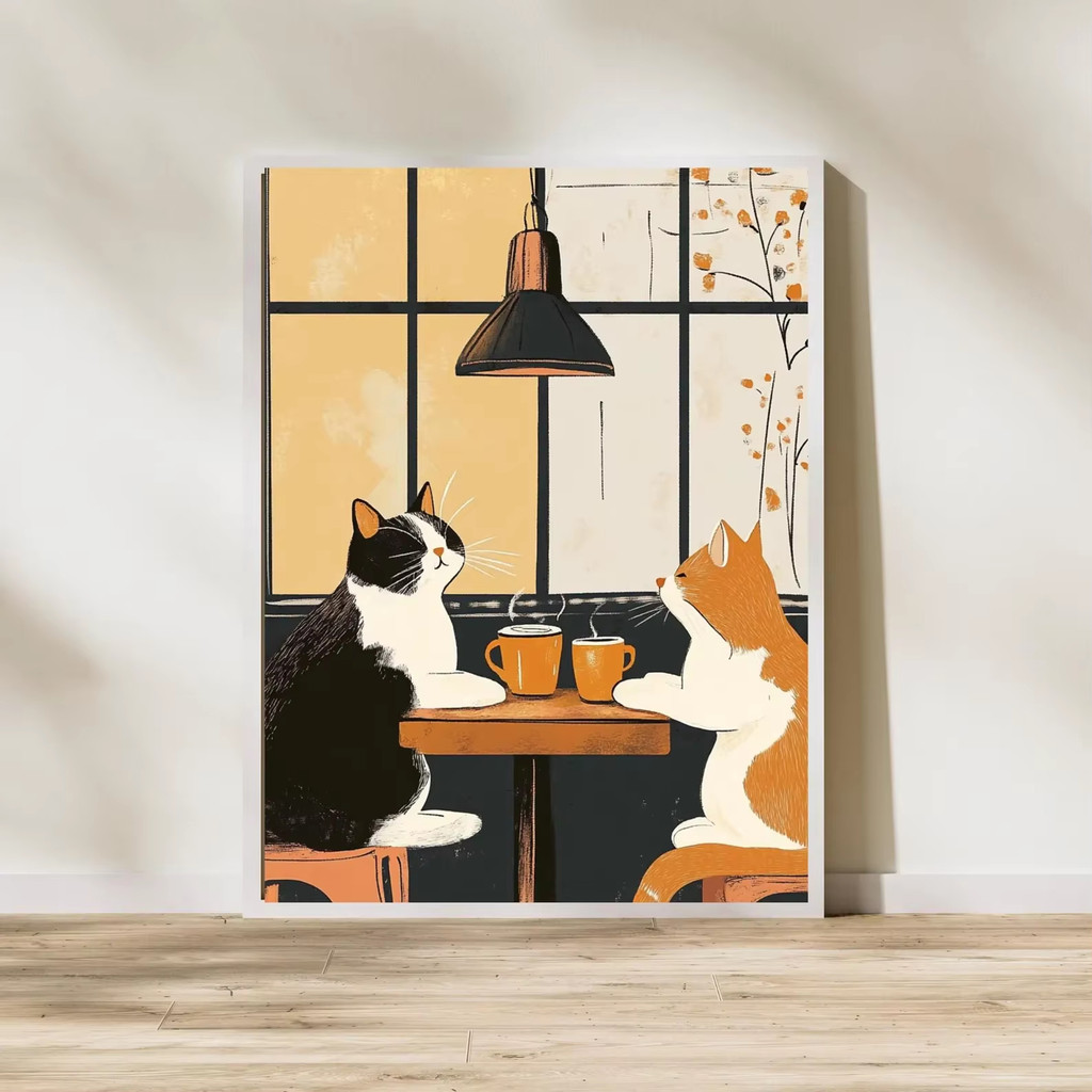 แมวตลกกาแฟ Wall Art สําหรับ Tabby และ Tuxedo Cat เจ้าของ Vintage Cat Cafe พิมพ์สีดําแมวกาแฟโปสเตอร์ท