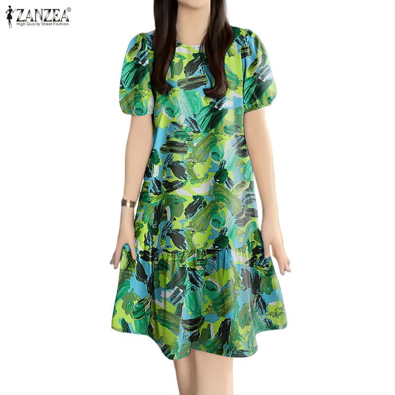 ZANZEA ชุดเดรสพิมพ์ลายคอกลมแขนพัฟ อารมณ์เกาหลี สำหรับผู้หญิง