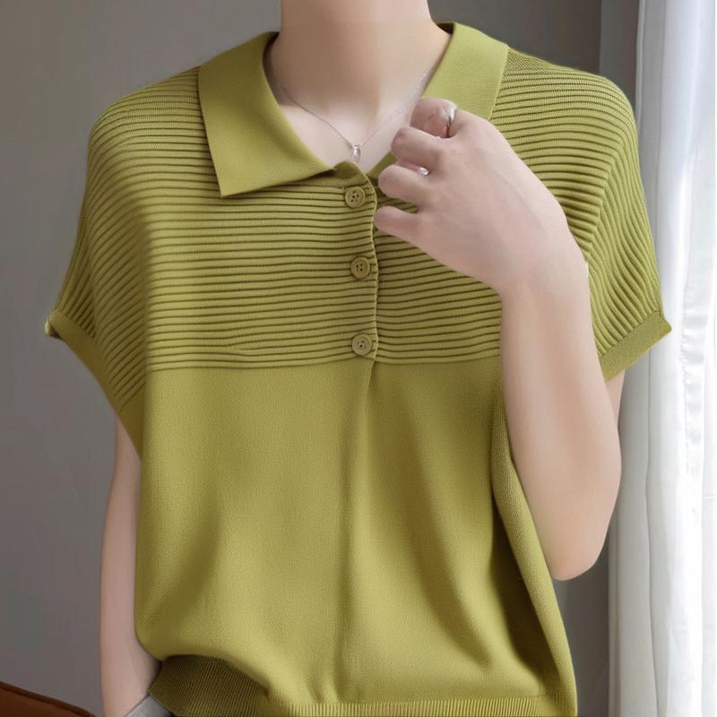 เสื้อยืดไหมพรมถักคอโปโลแขนสั้นสำหรับผู้หญิง ผ้านุ่มนิ่มใส่สบายและยืดได้ดี ทรงสลิมฟิต มีให้เลือกหลายสี-รุ่น88015