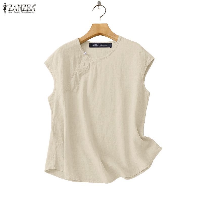 ZANZEA เสื้อเบลาส์เรียบง่ายสไตล์เกาหลีของผู้หญิงทุกวันลําลอง O คอแขนกุดสีทึบ — صورة 6