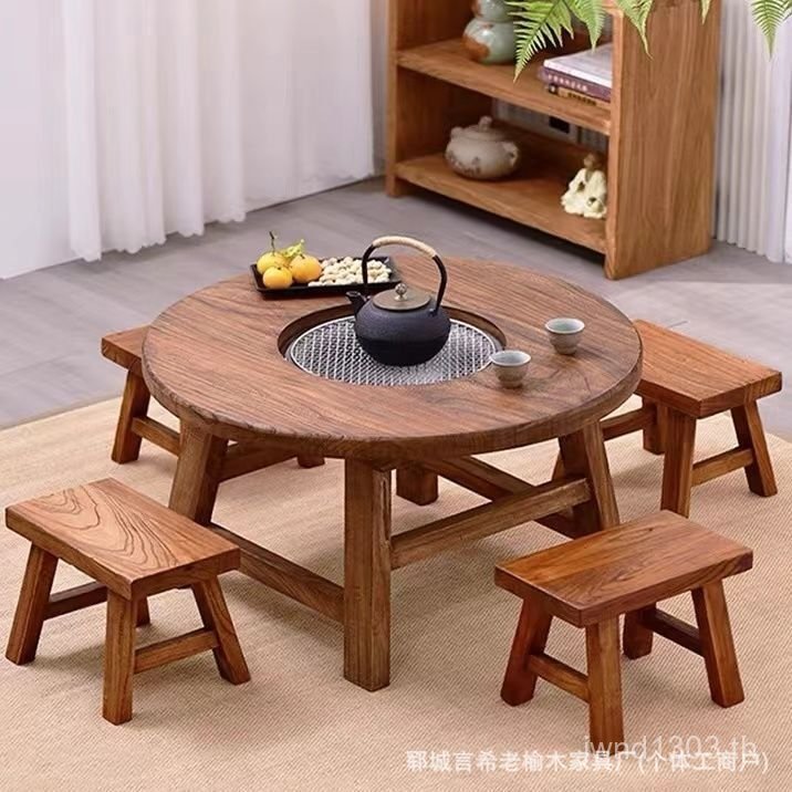 Simple Old Tea Table Hot Pot Log Table Making Tea Round Retro Solid Wood Round Table BBQ พื้นผิวสไตล
