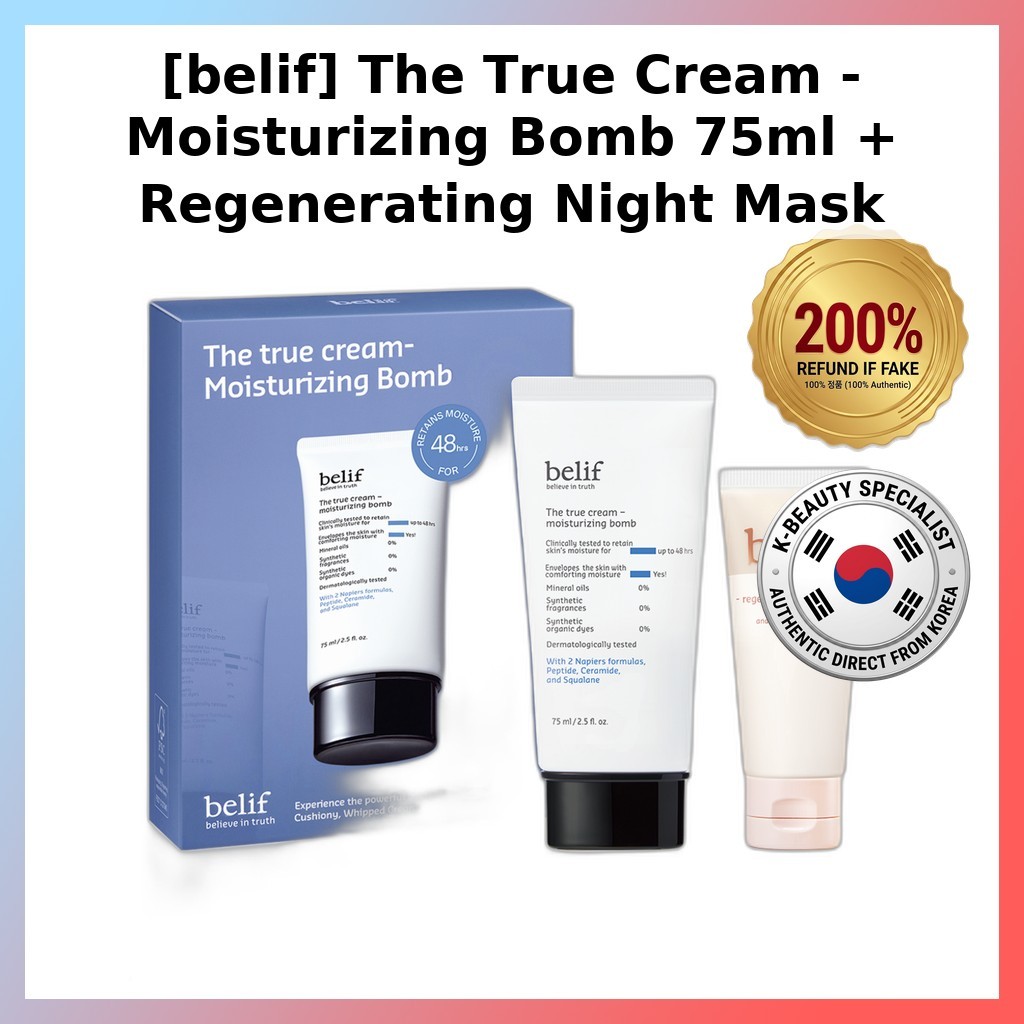 [belif] The True Cream - Moisturizing Bomb 75ml + Regenerating Night Mask 35ml, 1pc / Korean Moistur