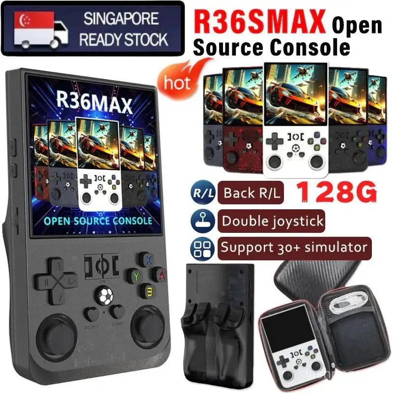 [SG] เปิดแหล่ง R36S MAX คอนโซลเกมมือถือ 4 นิ้วหน้าจอ IPS แบบพกพากระเป๋าวิดีโอ 128GB เกมคอนโซล