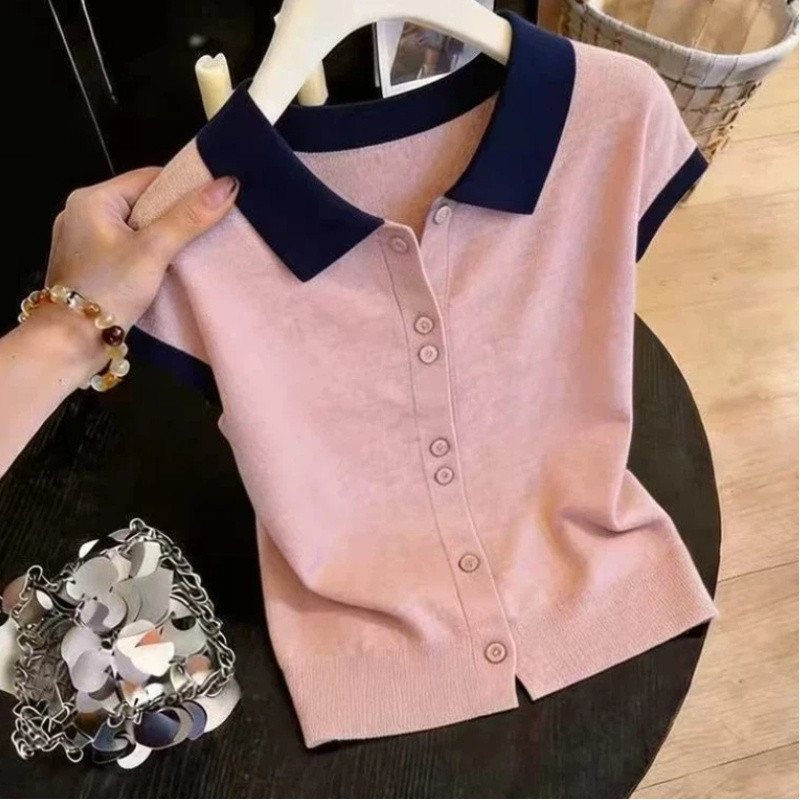 เสื้อไหมพรมแขนสั้น สไตล์คลาสสิค มีลายContrast Color Lapel สำหรับผู้หญิง