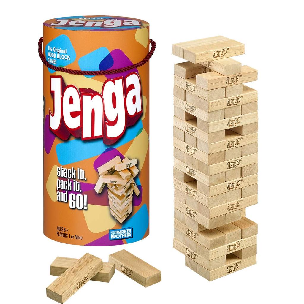 เกม Hasbro Jenga กระบอก Jenga หอคอยทรงตัวซ้อน เกมบล็อกไม้ เกมครอบครัวสำหรับผู้เล่น 1 คนขึ้นไป เกมปาร