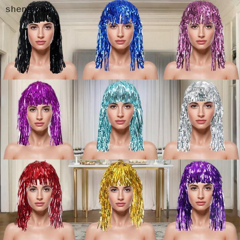 [SFI] Shiny Tinsel วิกผมโลหะ Masquerade Disco หมวกฟอยล์ Tinsel วิกผมสําหรับผู้ใหญ่ชุดแฟนซีปาร์ตี้สํา