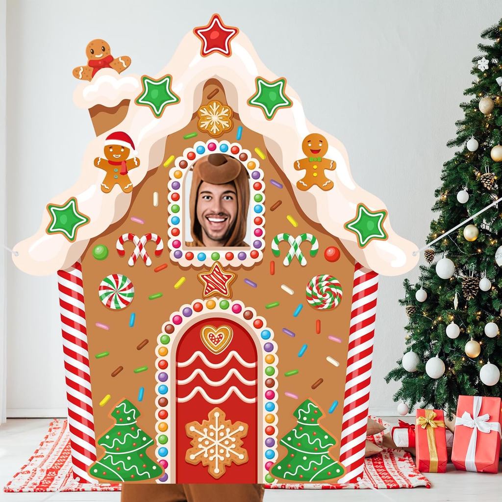 Panelee คริสต์มาส Gingerbread House Photo Booth Props ขนาดชีวิต Gingerbread ประตูแบนเนอร์ฉากหลังตกแต