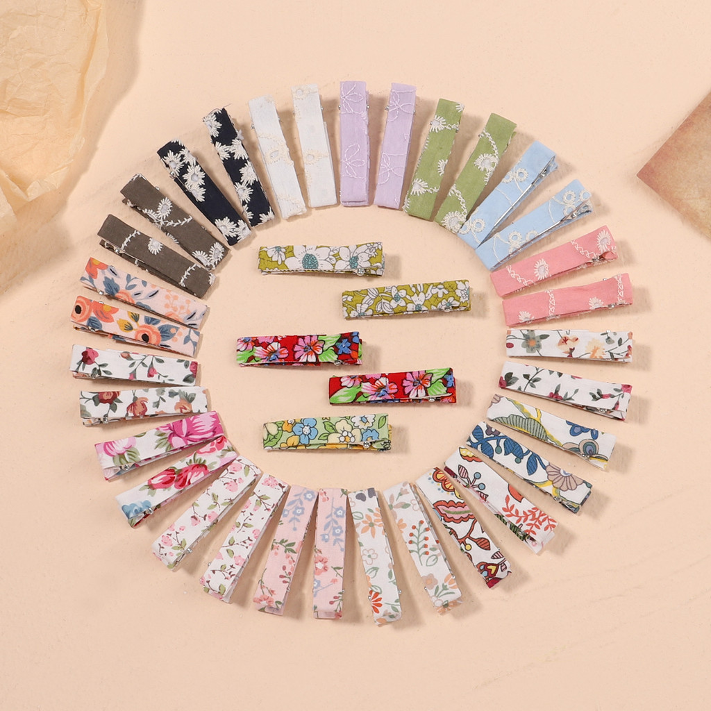 10pcs คลิปติดผม Duckbill ลายดอกไม้Vintage สำหรับเด็ก เสริมความน่ารักด้วยผ้าฝ้ายพิมพ์ลาย