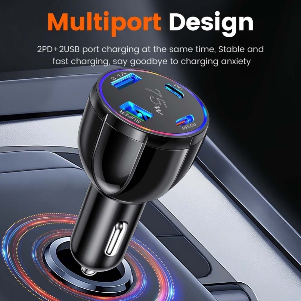 75W Fast Car Charger พร้อม 4 พอร์ต USB Car Charger สําหรับ QC3.0 สําหรับโทรศัพท์มือถือ
