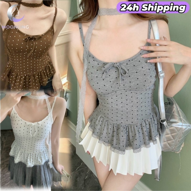 MOONLING ‘พร้อมส่ง’ เสื้อสายเดี่ยว เสริมฟองน้ำ ดีเทลลายจุดสไตล์เกาหลี FY5554 ราคา ถูกที่สุด ดีลบีเคเค