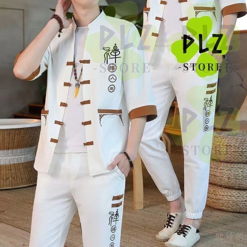男 Dang 2026 CNY ฤดูร้อนชุดสไตล์เสื้อสเวตเตอร์ถักผู้ชายเสื้อยืดแขนสั้น Stand-Up Collar Tang Suit Tang