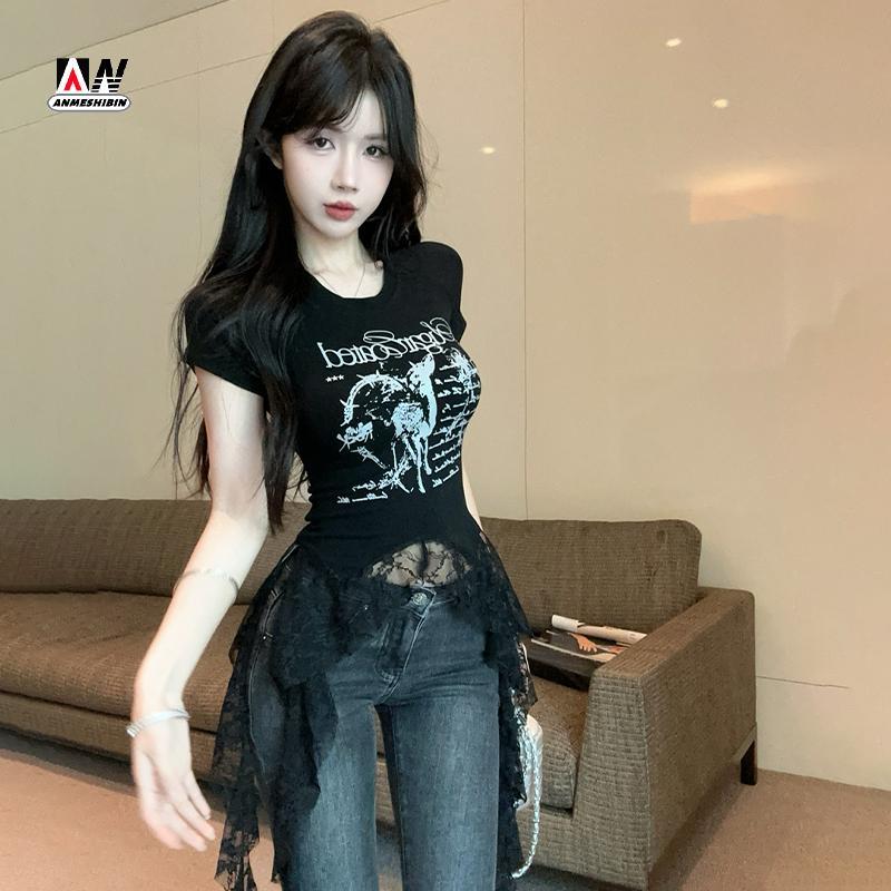 [LO] แฟชั่นลูกไม้ Patchwork อสมมาตรเสื้อยืดผู้หญิง Streetwear Y2K พิมพ์ Crop Tops ฤดูร้อนรอบคอแขนสั้