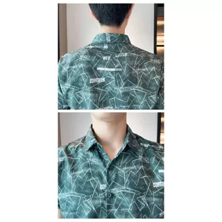 เสื้อเชิ้ตแขนสั้นพิมพ์ลายโพลีเอสเตอร์ 100% สีน้ำเงินส้นเขียว M-3XL เทศกาลสงกรานต์