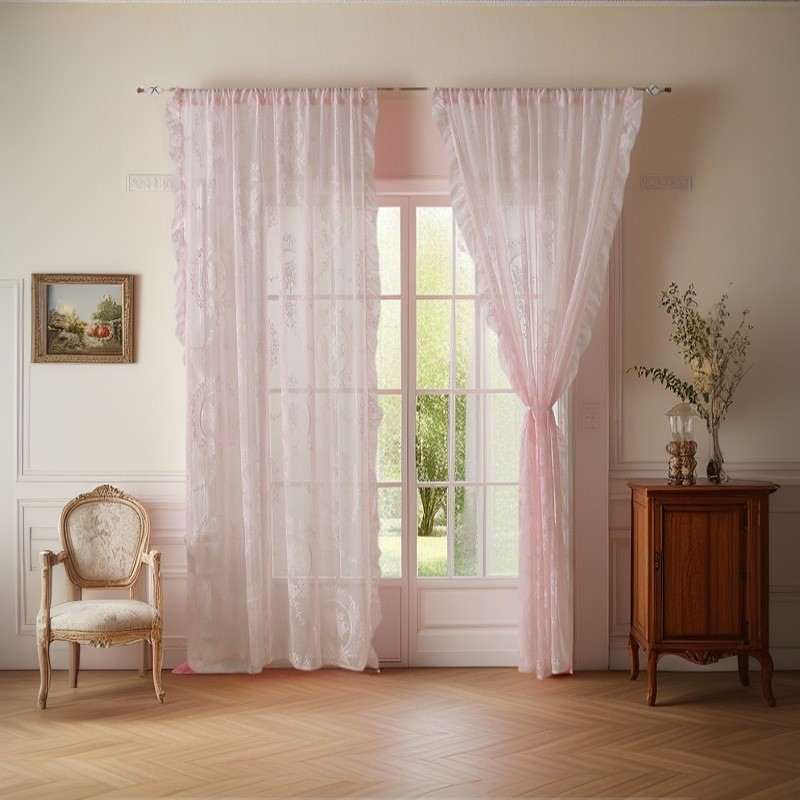 ผ้าม่านทึบแสงลูกไม้แบบก้านไม่มีการเจาะผ้าม่านดอกไม้กระจกกลมสไตล์ฝรั่งเศส