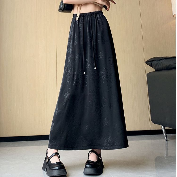 กระโปรงพลัสไซส์สไตล์จีน Jacquard ยืดหยุ่น ปลายเข่าสูงแบบเอไลน์