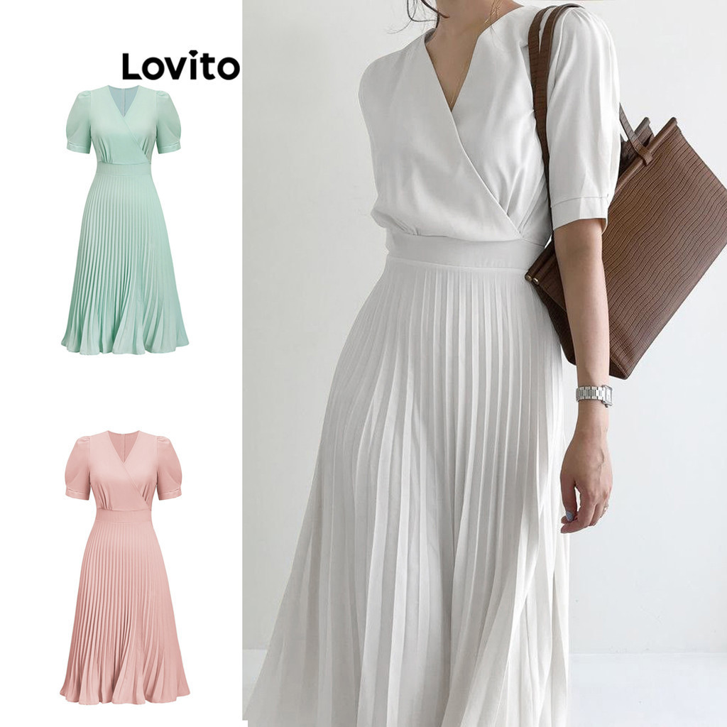 Lovito ชุดเดรสลําลองชุดเดรสอัดพลีทแบบห่อธรรมดาสําหรับผู้หญิง L80ED281 (หลากสี)