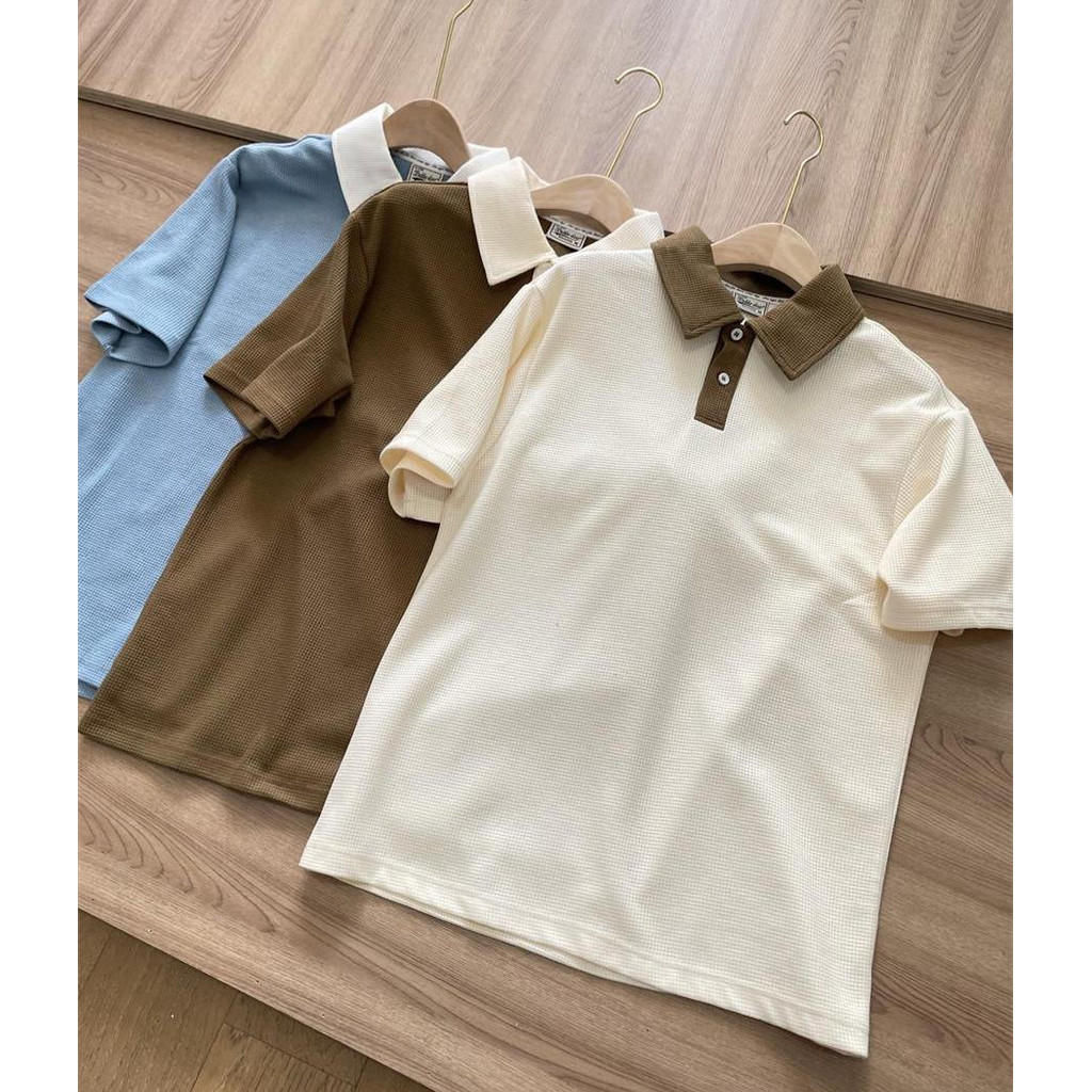 SUIKONE ซุยโคเนะ เสื้อโปโลผู้ชายแขนสั้น สไตล์ฮาราจูกु ลายตัดกัน