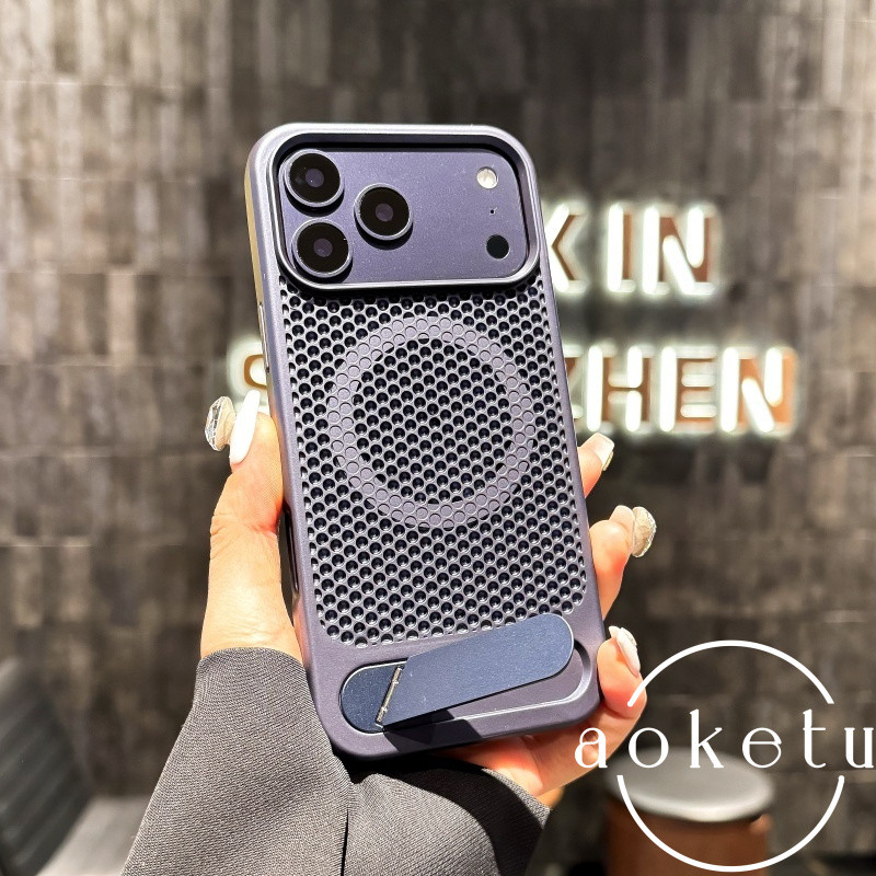 รังผึ้งกระจายความร้อนแม่เหล็กดูดเหมาะสําหรับ แอปเปิล 17โปรแม็กซ์ เคสโทรศัพท์โลหะพับยืน ไอโฟน 16 ฝาครอบป้องกัน 15/14/13/12/11 รวมทุกอย่างฝาครอบป้องกันการตก